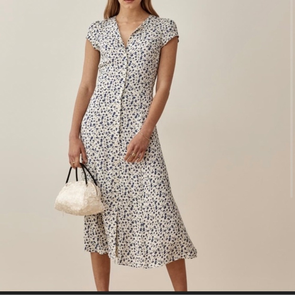 Reformation Fauna Floral Midi Dress Button Front Cap Sleeve‎ Cream Blue Size 0
